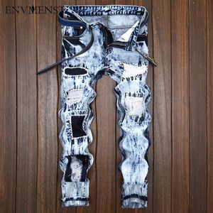 Partihandel-2017 Män Märke Man Klassisk Blå Denim Jeans Byxor Mäns Patch Slim Styles Syra Tvättade Bomull Jeans För Män