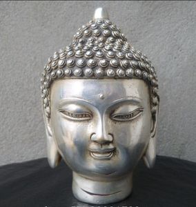 5" Chinese Tibetan Buddhism White Copper Shakyamuni Buddha Head Statue