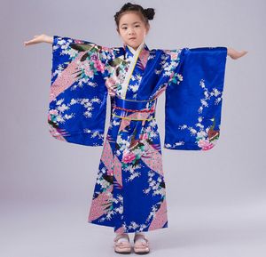 Barn Silke Print Blommig Peacock Dress Robes 2017 Japanska flickor Kimono Barn porträttera Barn Utför Dans Kostymer