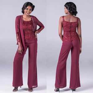 New Arrival Lace Mother Of The Bride Pant Suits With Jackets Cheap Sequined Wedding Guest Dress Plus Size Chiffon Mothers Groom Dresses