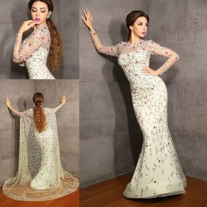 Myriam Faes Luxury Mermaid Prom Klänningar 2017 Färgglada Appliques Beaded Illusion Långärmade Aftonklänningar med Ta bort Long Cloak Vestidos
