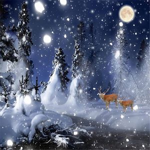 10x10ft Dark Blue Sky Moon Night Backdrop Photography Thick Winter Snow Covered Green Pine Trees Elks Photo Background Christmas