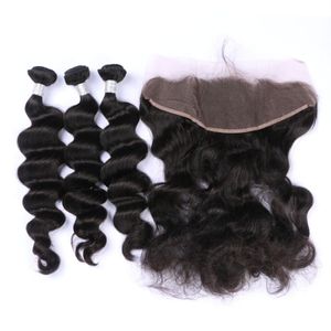 Loose Wave Brazilian Human Virgin Hair Lace Frontal With 3 Bundles 13X4 Ear To Ear Lace Frontal Natural BlackColor Human Hair Weaves Closure