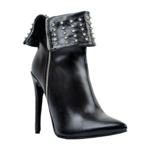 Kolnoo Damen Handgefertigte Nieten Spikes Hi Top Spitzschuh Winter High Heel Stiefeletten Stiletto Schuhe Schwarz XD237