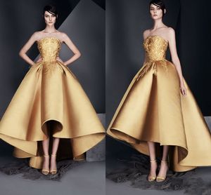 Elegant High-low Evening Gold Strapless Sleeveless Prom Gowns with Applique Back Zipper Custom Made Formal Party Dresses 2017 New