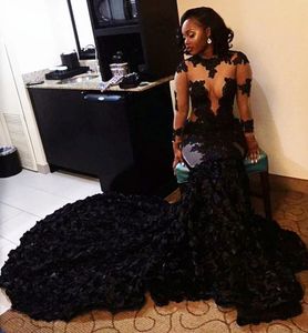 Gorgeous Sexy 2017 Black Evening Dresses Jewel Long Sleeves See Through Top Prom Dresses Pleats Afraic Court Train Custom Made Party Gown