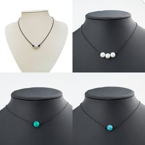 Minimalist pearls choker necklace Black Handmade Leather Rope Blue Turquoise pendant necklaces For women Imitation Natural Pearl DIY Jewelry