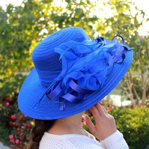 Mode Kvinnor Mesh Kentucky Derby Church Hat With Floral Summer Wide Brim Cap Bröllop Party Mössor Strand Solskydd Kepsar