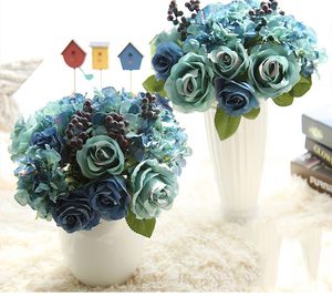 Wholesale artificial blue roses for sale - Group buy artificial silk blue rose hydrangea bouquet hand tied bouquets for wedding home bedroom champer table decoration