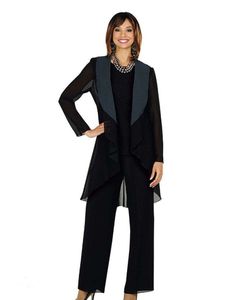 Cheap Mother of the Bride Pants Suit with Jacket 2020 Fall Long Sleeve Three Pieces Ankle Length Black Chiffon Wedding Guest Party285L
