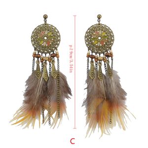 idealwat Bohemian Bronze Alloy Brown Feather Tassel Drop Enamel Flower Hook Dangle Earrings for Women Jewelry