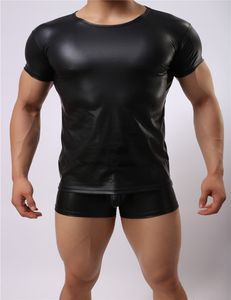 Högkvalitativa män Svart Läder T-shirts Man Flexibla Tight Tops Kortärmad Bodycon Underkläder Sexig Clubwear
