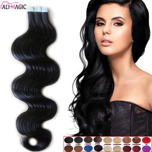 高品質の熱い販売ブラジルのバージンヘアボディーウェーブPUの皮の緯度テープ人間の髪の伸び18''20''22''24''inch Ali Magic Wholesale