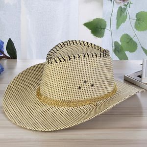 Sommer Mode Männer Solide Stroh Western Cowboy Hut Mit Seil Wild Curling Krempe Kappe Kinnriemen Strand Sonnenhüte UV schutz