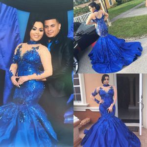 Royal Blue Sereia 2017 Vestidos de Noite Gola Alta Mangas Longas Ilusão Frisada Prom com Applique Back Zipper Custom Made Vestidos de Festa