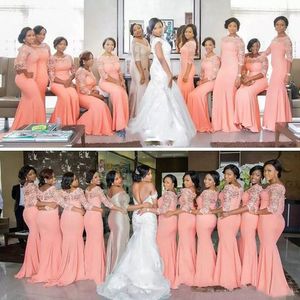 Arabski Afryki Koral brzoskwini Blush Długie Druhna Suknie Z Pół Rękawami Plus Size Koronki Mermaid Party Dress Piękne Dresses Bridemaid