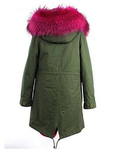 Rose 100% kanin päls foder Long Army Green Canvas Parkas foder avtagbara kvinnor snö vinterrockar som fru stil