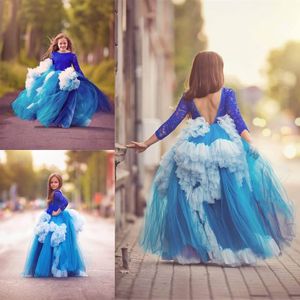 Royal Blue Backless Meninas Pageant Vestidos de Renda Mangas Compridas Tule Ruched Puffy Vestidos Da Menina de Flor Para O Casamento de Luz Sky Blue Ball Gowns