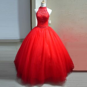 ハイネックガールズ甘い16ドレスボールガウンスタンニングクリスタルビーズ赤Quinceanera Dress 2019 Vestido 15 Anosデブタンテドレス実際の画像