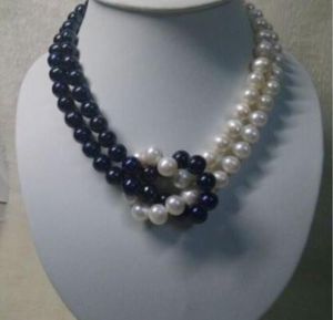 collana di perle coltivate Akoya di colore bianco nero a 2 file di 8-9 mm dal design sorprendente