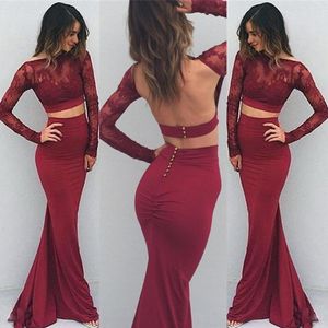 Borgonha Duas Peças Vestidos Desgaste da Noite 2017 Lace Sheer Neck Sexy Aberto de Volta Mangas Compridas Vestido de Baile Sereia Botão Voltar Barato Vestido de Festa