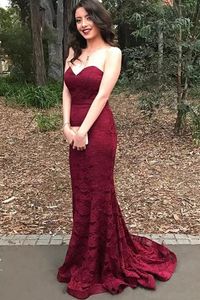 Burgundy Lace Simple Elegant Mermaid Evening Dresses Sexy Luxurious Strapless Sweep Train Sleeveless Zipper Prom Party Gowns