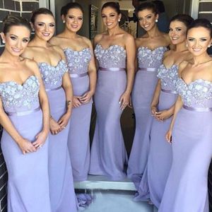 Очаровательные LILAC Bridesmaid платья лаванды Русалка Подружки невесты Длинные Формальные Свадебные вечеринки Милая Аппликации Топ Горничные чести