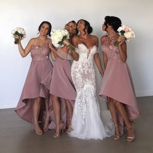 素敵なHi-Lo Weddingゲストドレス2017セクシーなノースリーブのアップリケートブライドメイドのドレス新着順のサテンのメイドの名誉正則のドレス