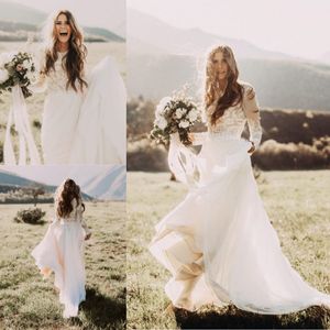 Abiti da sposa in pizzo bohémien Beach con maniche lunghe a trasparente a battute di battuta a una linea Appliqued Chiffon Boho Bridal Gowns 415