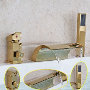 Luxury Golden Brass Waterfall Bathtub Mixer Faucet Deck Mount Widsead Badrum Tub Filler Enkel handtag med handskår289s