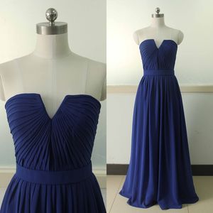 V-de-deck Royal Blue szyfonowe sukienki druhna plisowana długość podłogi Prawdziwe zdjęcie bez pleców długie sukienki wieczorowe na zamówienie Chiny