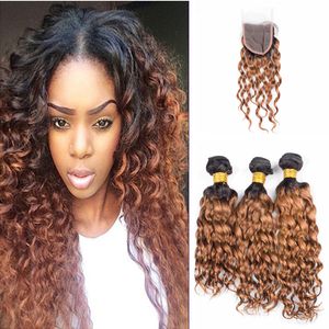 Ombre Color 1B 30 Human Hair Bundles With Lace Closure 4Pcs/Lot Dark Root brown 3bundles With Closure 4x4 For Woman