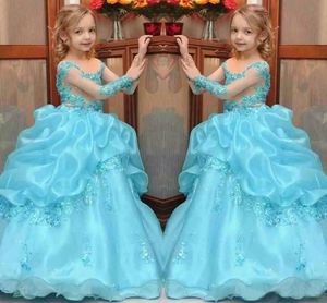 Голубое платье из органзы с цветочным принтом для девочек Платья с длинными рукавами с прозрачным вырезом и аппликацией Конкурсные платья Назад Многоуровневые вечерние платья на молнии 2017