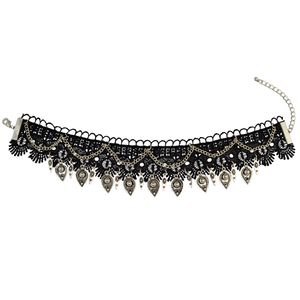 idealway Bohemian-Gothic-Stil, schwarze Spitze, Leder, breite Blumenkette, geschnitzte Metall-Charms, Halskette, Schmuck