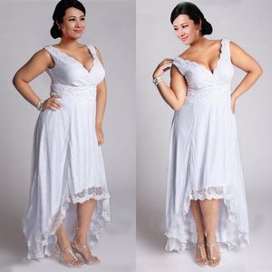 Impressionante Plus Size Alta Baixa Vestidos De Noiva Verão Praia Vestidos de Noiva com Surplice V Pescoço Rendas Apliques de Contas Custom Made País Do Casamento