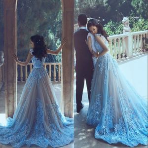 Ice Blue Princess Prom Dresses With Long Train Appliques Sash Tulle Special Occasion Dresses Evening Wear Said Mhamad Bridal Gowns Vestidos