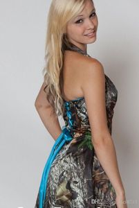 In Stock Mossy Oak Camo Bridesmaid Dresses Custom Made Strapless Hi-lo Short Camo Wedding Party Dress Camo And Blue231e