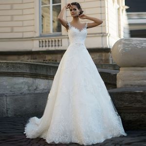 Elegancka Linia Koronkowa Sukienka Ślubna Casamento 2016 Vestido De Novia Plus Rozmiar Aplikacje Romantyczny seksowny Dekolt Suknie Ślubne Koronkowa Suknia