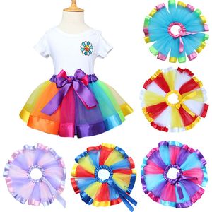 7Cores Arco-íris Color Meninas Tutu Saias Nova Fita Bowknot Crianças Princesa Dança Saia Executor Festival Party Kids Pettiskirt C1573