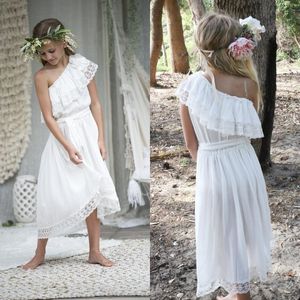 Pretty White Chiffon Lace Country Boho Flower Girl Dresses For Wedding 2017 One Shoulder High Low Low Beach Casual Dress Custom Made E184G