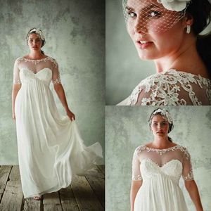 Plus Storlekstrand Bröllopsklänningar med halv ärmar Sheer Jewel Neck En Line Lace Appliqued Bridal Gowns Chiffon Empire Waist Wedding Dress
