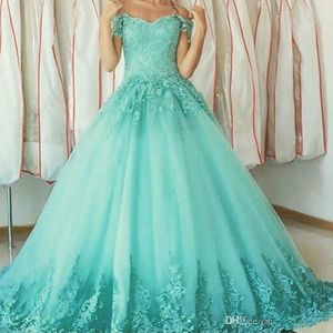 Sexy Off Floy Длинные Quinceanera Платье Мята Зеленый Кружева Аппликация Официальные Женщины Носите Специальное ведро Платье Партии Платье Плюс Размер