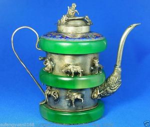 絶妙な中国の古典的な手仕事チベットの銀の動物緑の翡翠のティーポットと飾られた