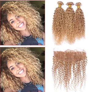 # 27 Mel Loira 13x4 Orelha a Orelha Cheia de Rendas Frontal Encerramento Com Morango Loira Kinky Curly Virgem Peruano Feixes de Cabelo Humano 4 Pcs Muito