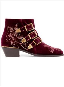 2017 novas botas de veludo beading botinhas tornozelo ponto toe botas sapatos de vinho tinto botas de couro fivela bota baixo calcanhar