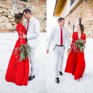 Romantik 2017 Kırmızı Gelinlik Bohemian Ülke V Boyun Illusion Uzun Kollu Şifon Gelin Törenlerinde Custom Made Çin EN7223