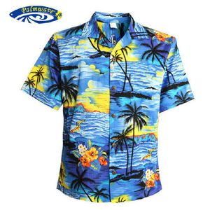 Wholesale- Men Aloha Shirt Tropical Luau Beach Hawaiian Party Sunset Palm Tree Blue And Red US SIZE Casual Hawaiians Shirts V25