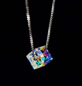 Silver Cube Crystal Necklaces Pendants For Women Diamond Necklace Brass Material Colorful Rhinestone Jewelry Accessories Christmas Gift