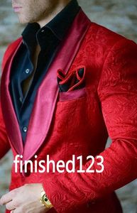 Classic Design Red Groom Tuxedos Groomsmen One Knapp Sjal Lapel Best Man Suit Bröllop Mäns Blazer Passar (Jacka + Byxor + Tie) K403