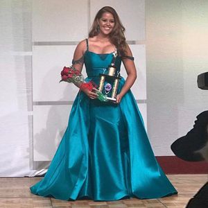 Nyaste Plus Size Mermaid Prom Dresses Spaghetti Straps Off Shoulder Beading Satin Över Skirt Green Turkos Pageant Klänningar Kvällar